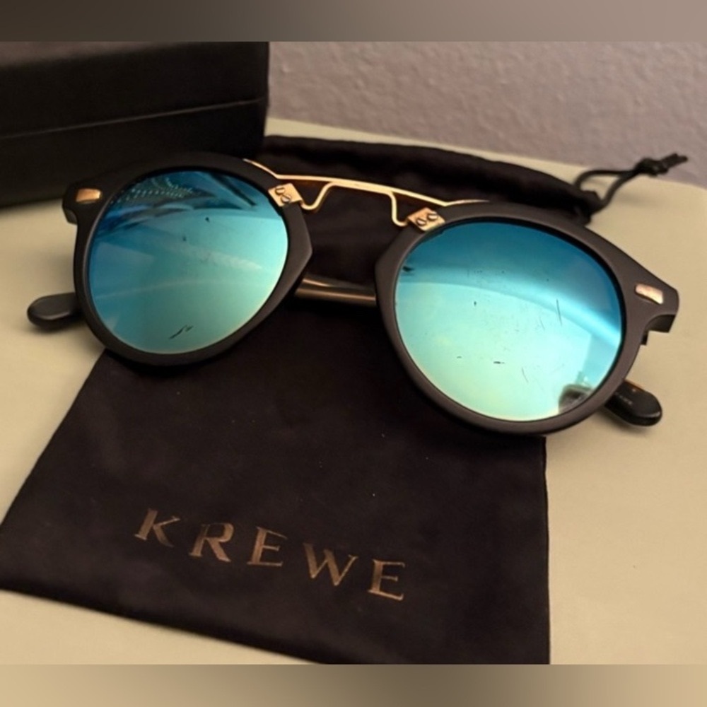 KREWE St. Louis STL ii Sunglasses with Blue Mirrored Lenses and Gold Hardware